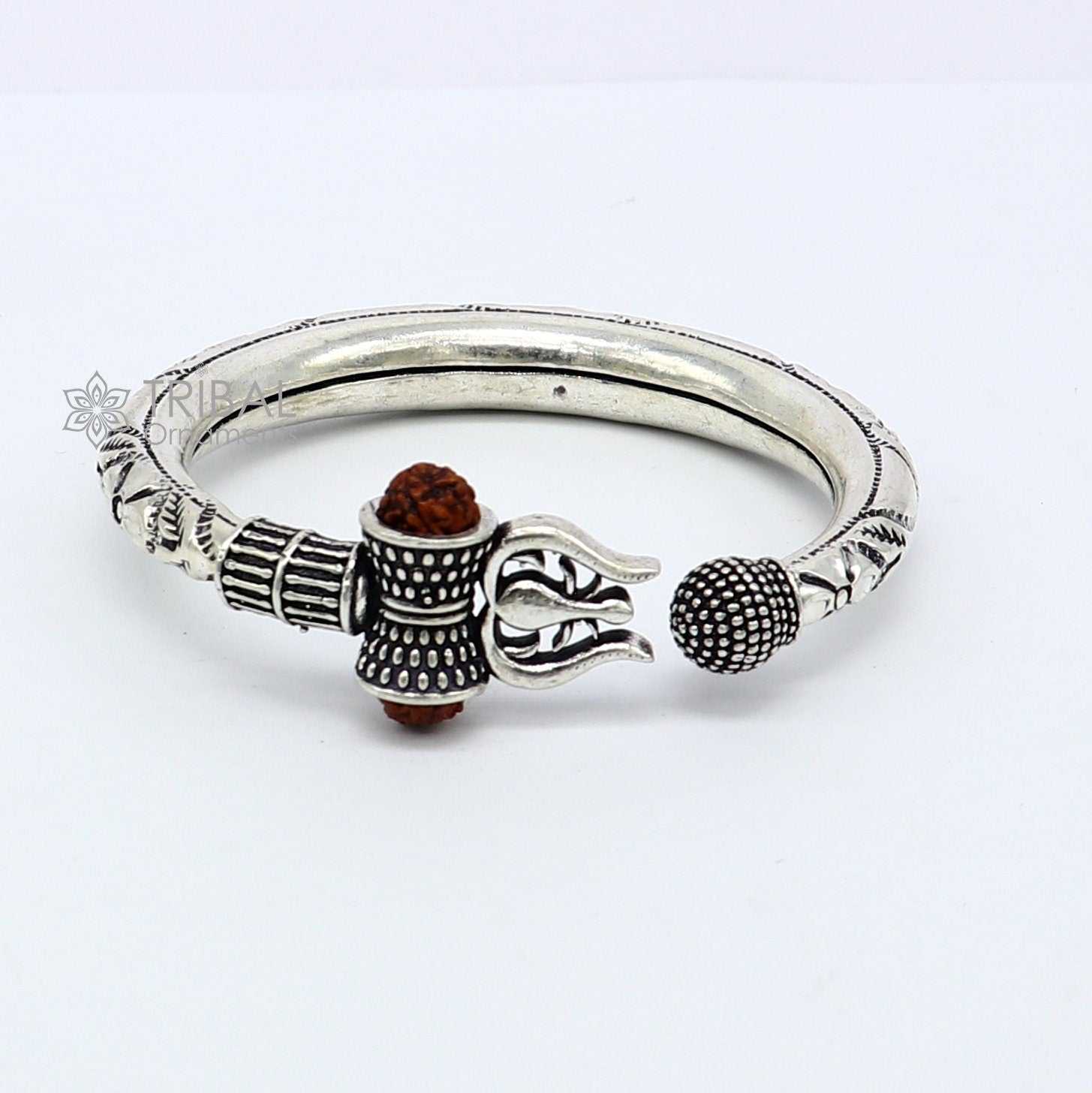 925 Sterling silver handmade unique design Lord Shiva trident trishul kada bangle bracelet with natural Rudraksha bahubali kada nsk787 - TRIBAL ORNAMENTS