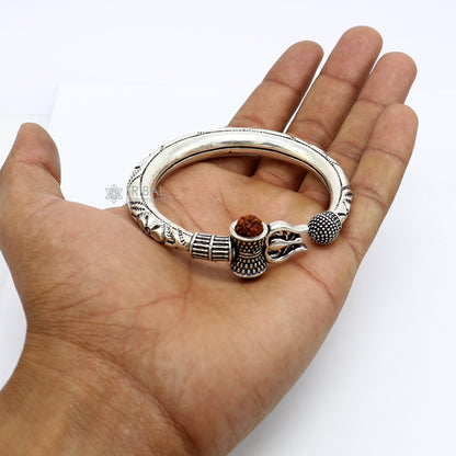 925 Sterling silver handmade unique design Lord Shiva trident trishul kada bangle bracelet with natural Rudraksha bahubali kada nsk787 - TRIBAL ORNAMENTS