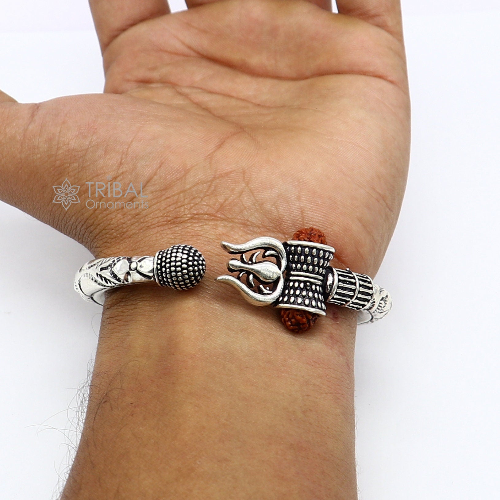 925 Sterling silver handmade unique design Lord Shiva trident trishul kada bangle bracelet with natural Rudraksha bahubali kada nsk787 - TRIBAL ORNAMENTS