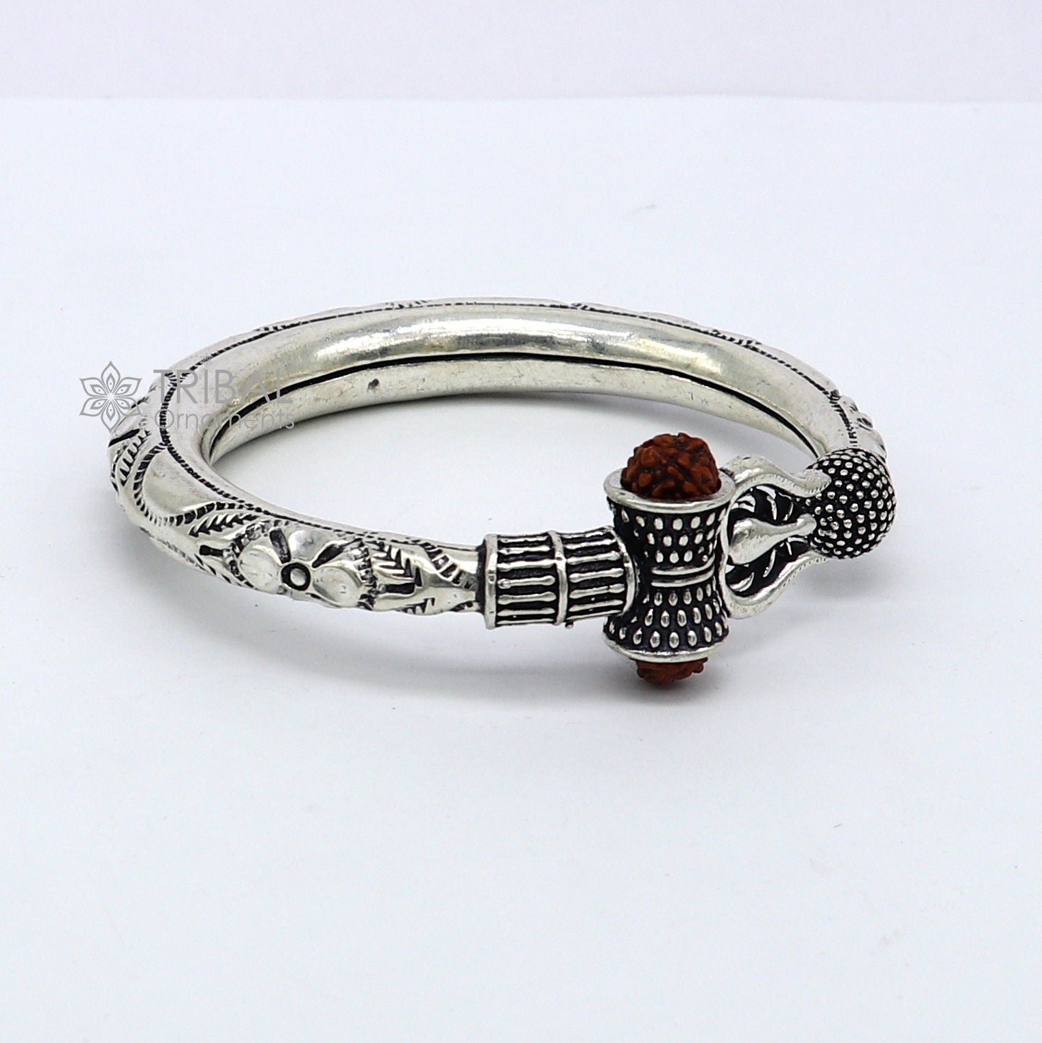 925 Sterling silver handmade unique design Lord Shiva trident trishul kada bangle bracelet with natural Rudraksha bahubali kada nsk787 - TRIBAL ORNAMENTS