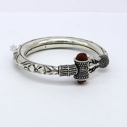 925 Sterling silver handmade unique design Lord Shiva trident trishul kada bangle bracelet with natural Rudraksha bahubali kada nsk787 - TRIBAL ORNAMENTS