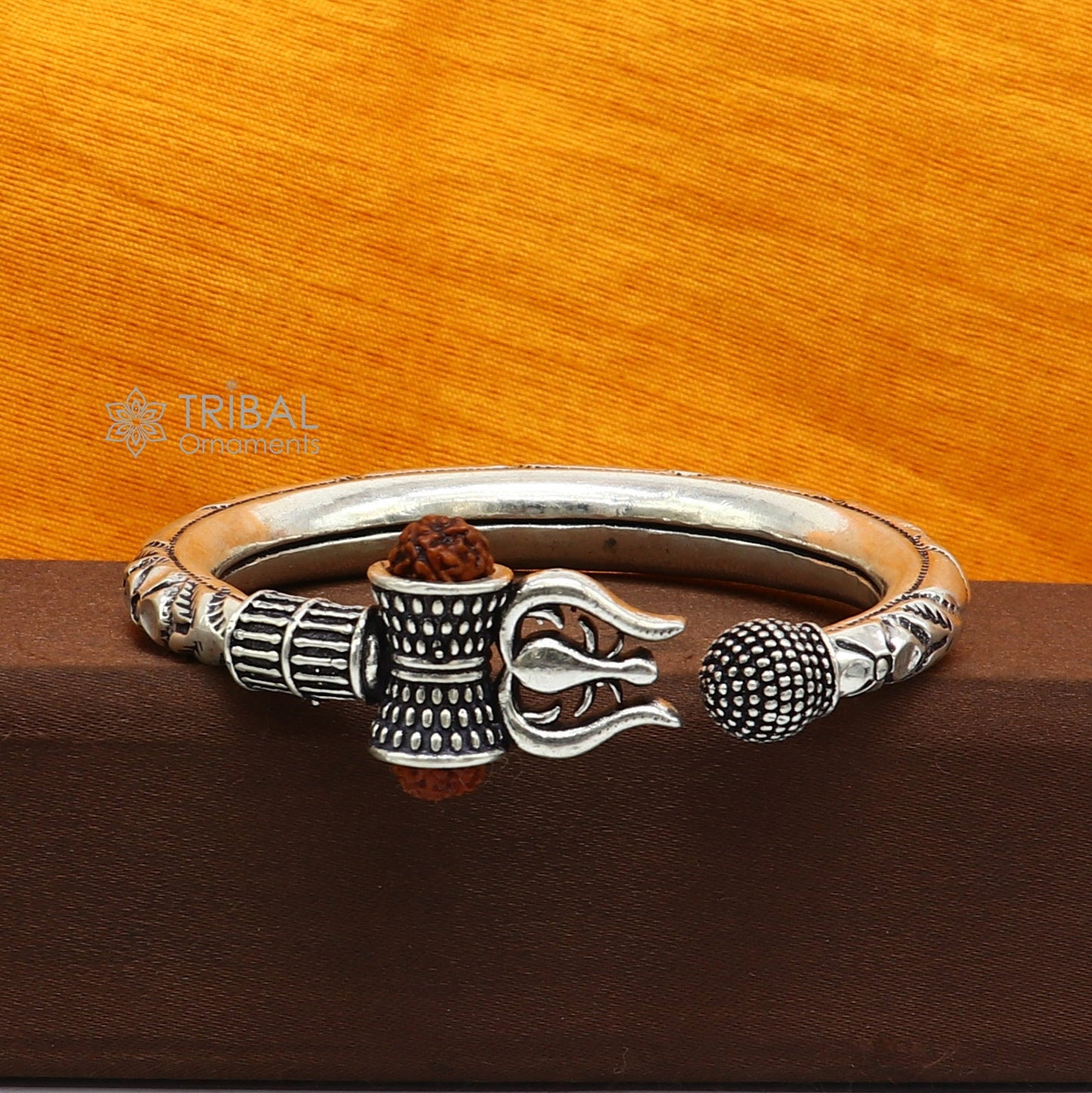 925 Sterling silver handmade unique design Lord Shiva trident trishul kada bangle bracelet with natural Rudraksha bahubali kada nsk787 - TRIBAL ORNAMENTS