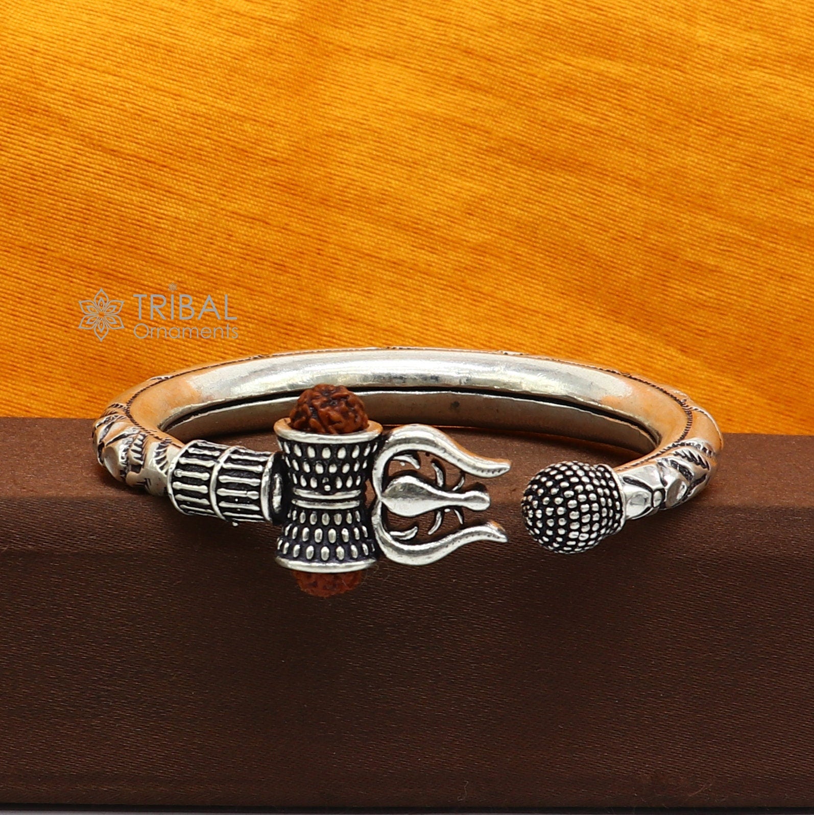 925 Sterling silver handmade unique design Lord Shiva trident trishul kada bangle bracelet with natural Rudraksha bahubali kada nsk787 - TRIBAL ORNAMENTS