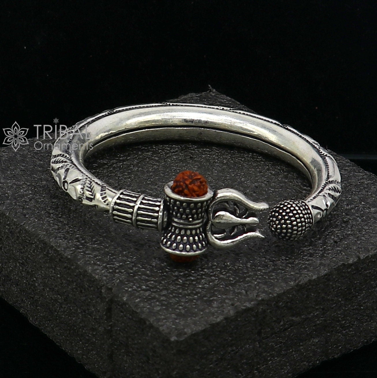 925 Sterling silver handmade unique design Lord Shiva trident trishul kada bangle bracelet with natural Rudraksha bahubali kada nsk787 - TRIBAL ORNAMENTS