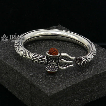 925 Sterling silver handmade unique design Lord Shiva trident trishul kada bangle bracelet with natural Rudraksha bahubali kada nsk787 - TRIBAL ORNAMENTS