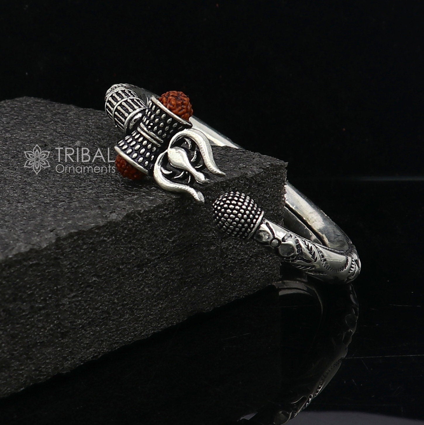 925 Sterling silver handmade unique design Lord Shiva trident trishul kada bangle bracelet with natural Rudraksha bahubali kada nsk787 - TRIBAL ORNAMENTS