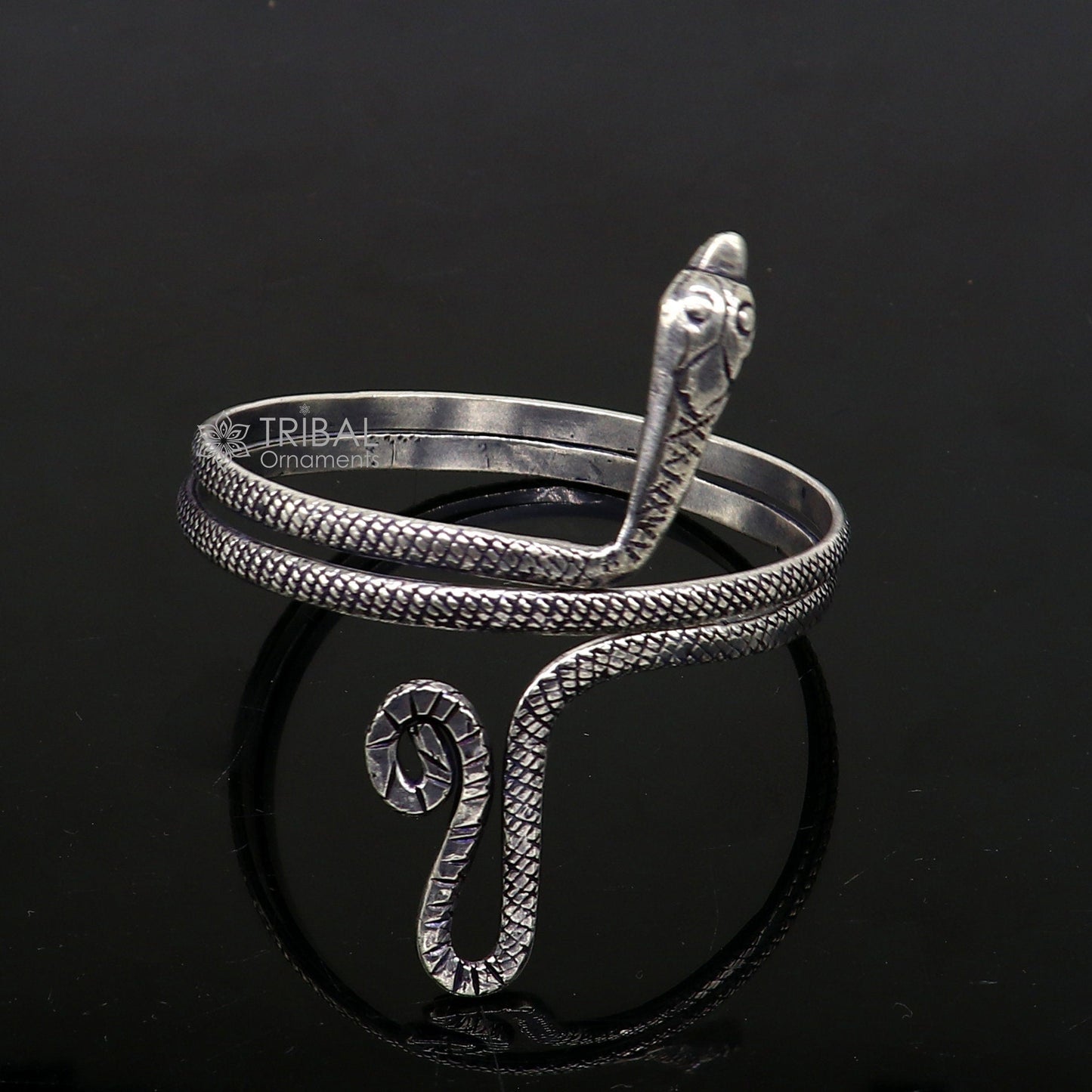 Sterling silver snake design armlet by TRIBAL ORNAMENTS, handmade cuff bracelet or bangle for arm or ankle jewelry.
