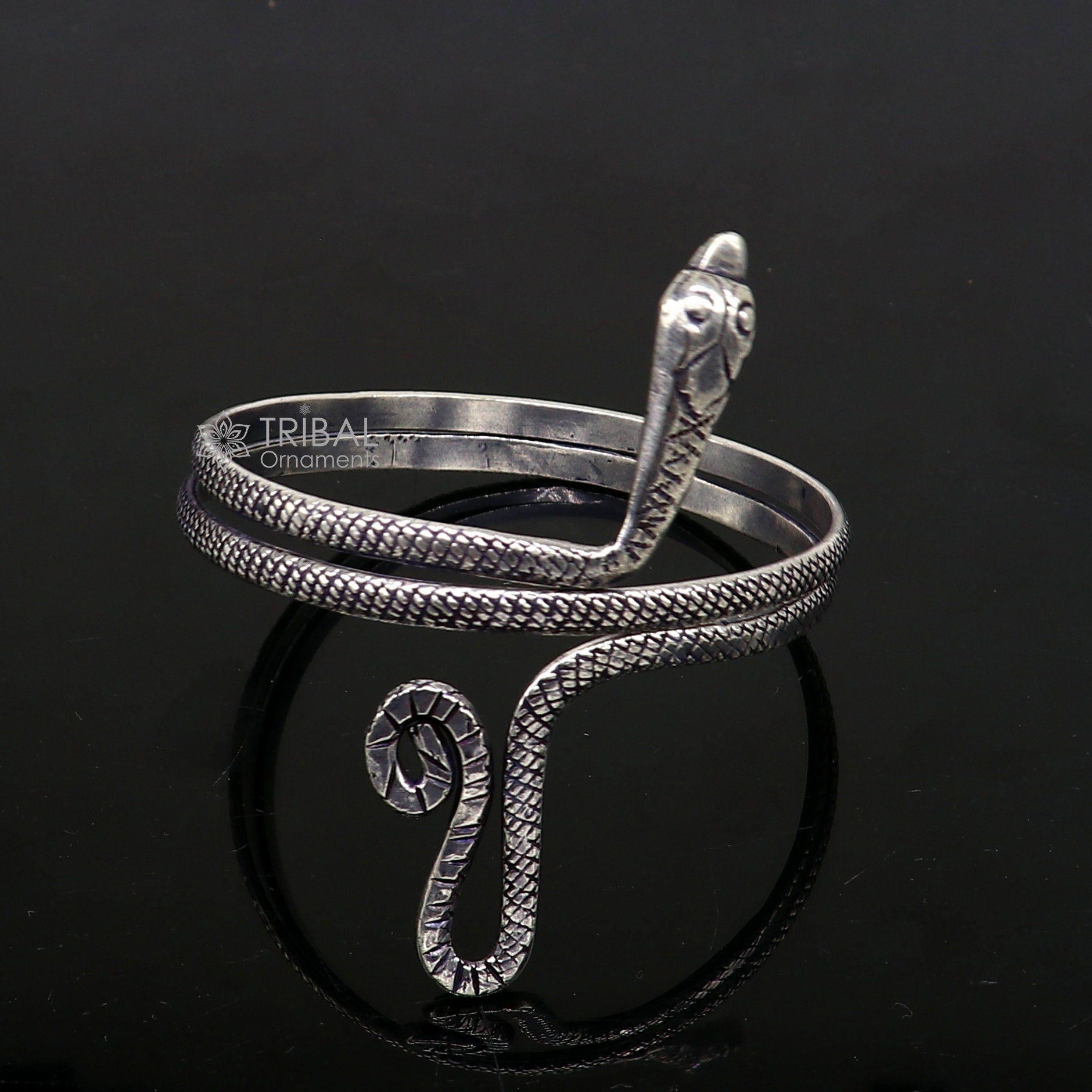 Sterling silver snake design armlet by TRIBAL ORNAMENTS, handmade cuff bracelet or bangle for arm or ankle jewelry.