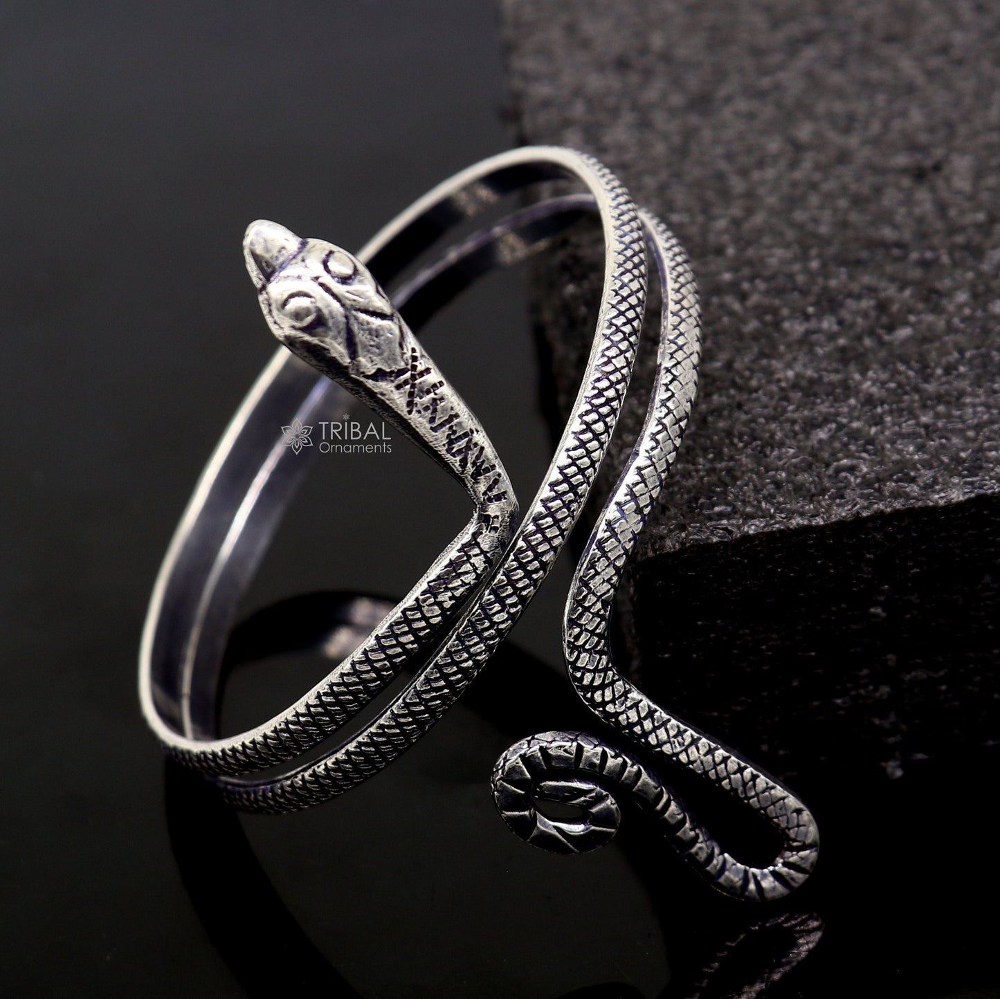 Sterling silver handmade snake design armlet, cuff bracelet or ankle bracelet by TRIBAL ORNAMENTS, featuring unique jewelry craftsmanship.