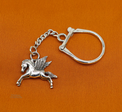 925 Sterling silver handmade unicorn horse keychain with unique design, unisex jewelry accessory, stylish and royal-inspired.