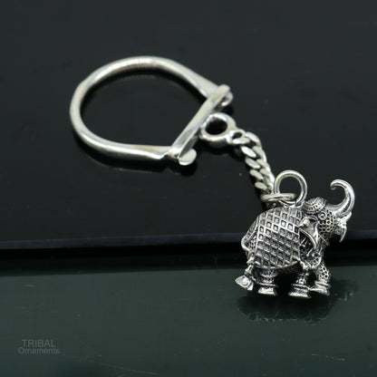 Sterling silver vintage elephant design key chain by TRIBAL ORNAMENTS, handcrafted with intricate tribal detailing.