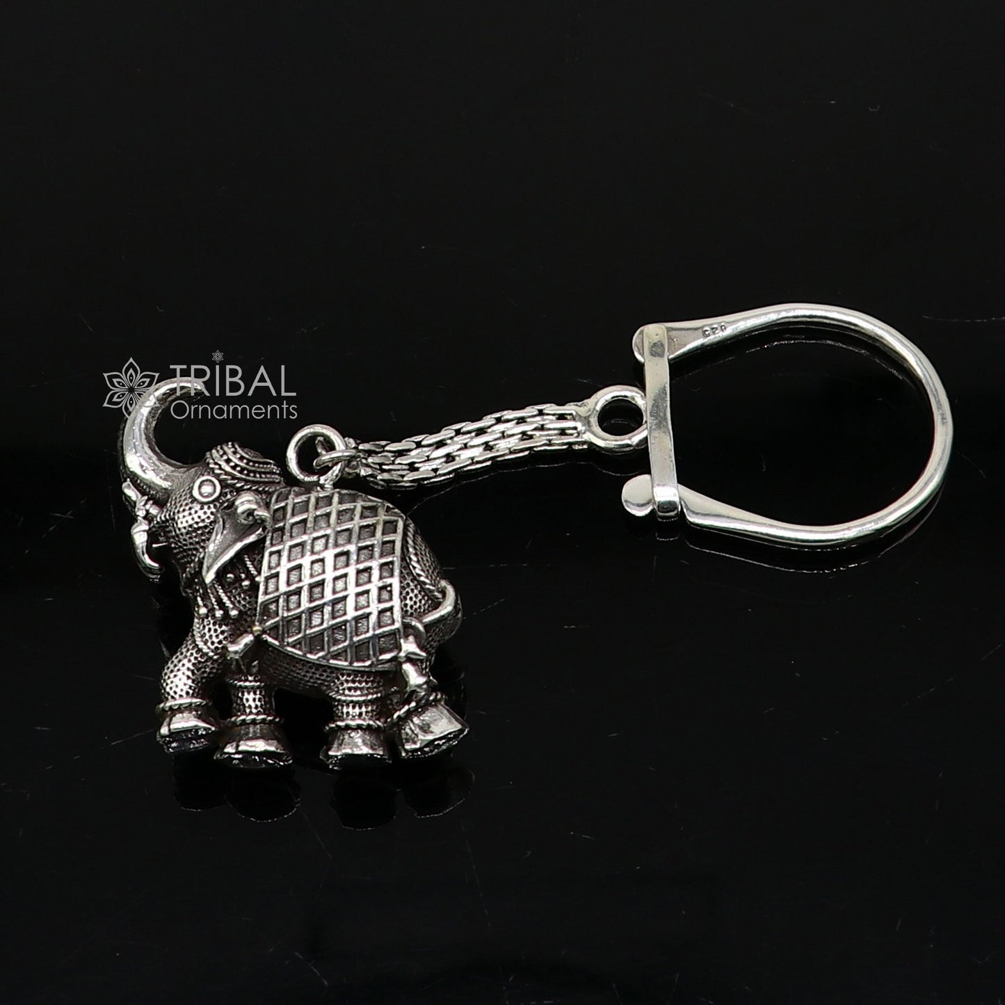 925 Sterling silver vintage elephant key chain by TRIBAL ORNAMENTS, featuring a solid, handcrafted elephant design, unisex stylish accessory.