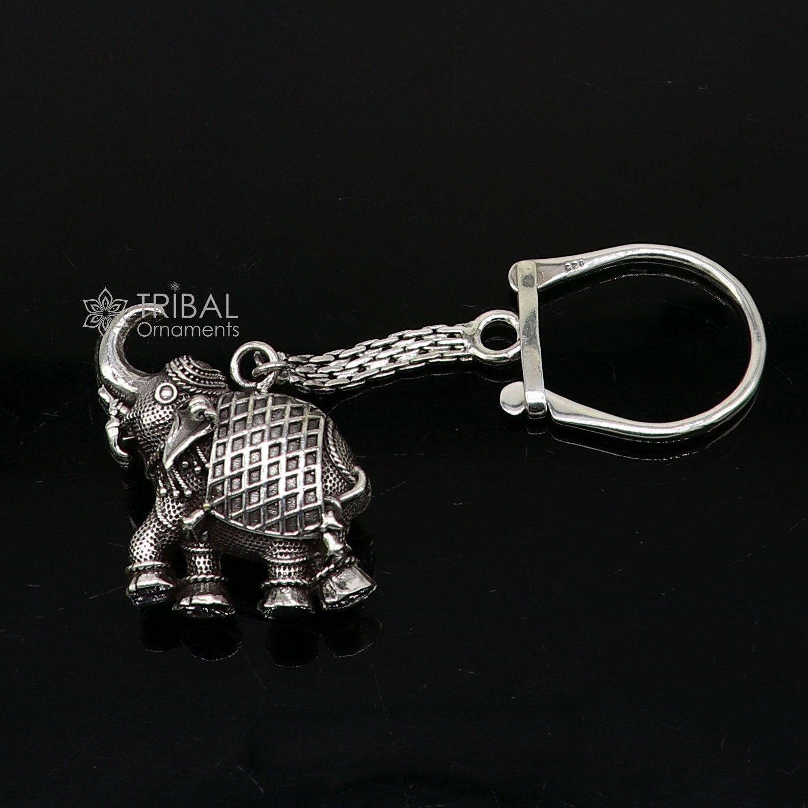 925 Sterling silver vintage elephant key chain by TRIBAL ORNAMENTS, featuring a solid, handcrafted elephant design, unisex stylish accessory.
