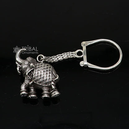 925 Sterling silver vintage elephant key chain by TRIBAL ORNAMENTS, featuring a solid, handcrafted elephant design, unisex stylish accessory.