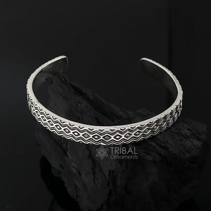 925 sterling silver handmade zig zag design adjustable cuff bracelet, unisex tribal jewelry with solid silver finish