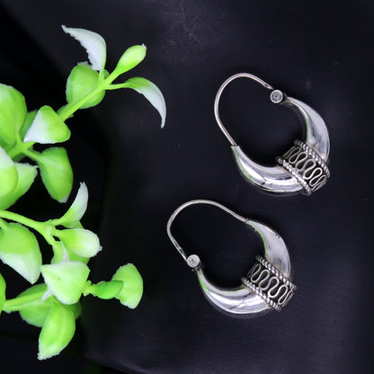 Sterling silver handmade vintage tribal hoop earrings with antique design, crafted by TRIBAL ORNAMENTS, perfect tribal ethnic jewelry.