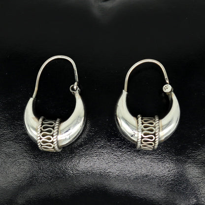 Sterling silver handmade vintage tribal hoop earrings with antique design, featuring ethnic Bali-inspired details from Tribal Ornaments.