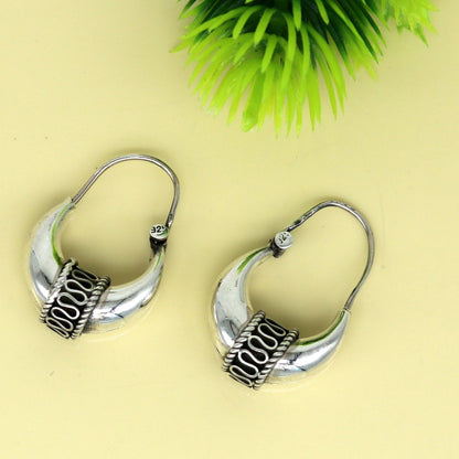 Sterling silver handmade vintage tribal hoops earrings featuring intricate antique design, perfect for ethnic jewelry and gift options.