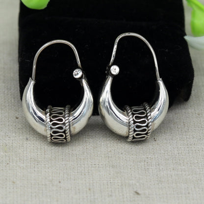 Sterling silver handmade vintage tribal hoops earrings with antique design, Bali-inspired ethnic jewelry by TRIBAL ORNAMENTS