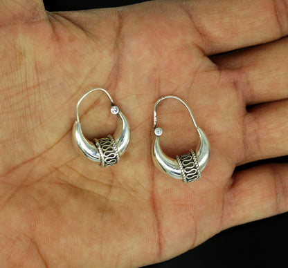 Sterling silver handmade vintage tribal hoops earrings with antique design, crafted by Tribal Ornaments, perfect for ethnic jewelry lovers.