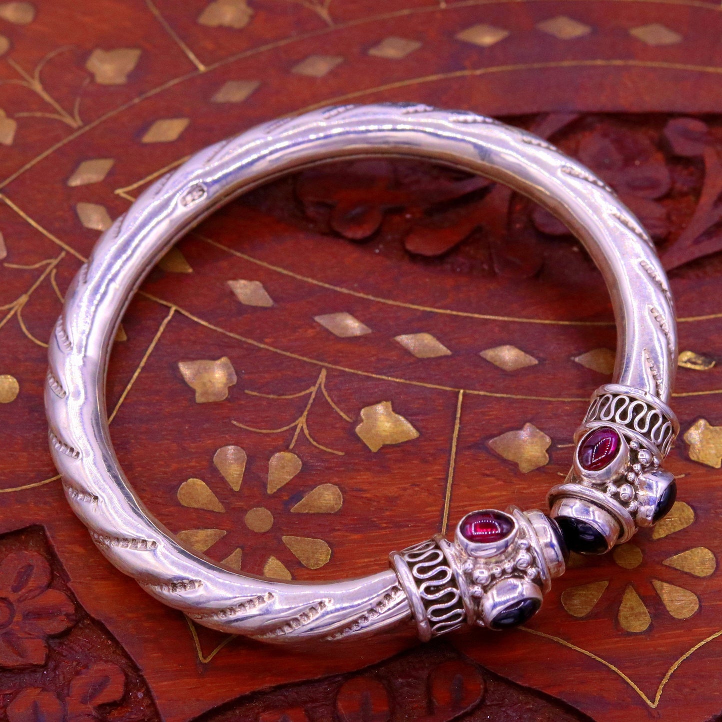 Vintage 925 sterling silver tribal bangle bracelet with stone accents, unisex design, handmade tribal jewelry for gifting or belly dance.
