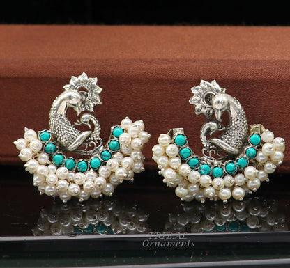 925 sterling silver handmade vintage antique design peacock stud earring fabulous hanging pearl and Green onyx stone earring jewelry s708 - TRIBAL ORNAMENTS