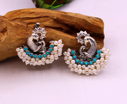 925 sterling silver handmade vintage antique design peacock stud earring fabulous hanging pearl and turquoise stone earring jewelry s704 - TRIBAL ORNAMENTS
