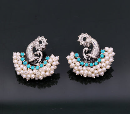 925 sterling silver handmade vintage antique design peacock stud earring fabulous hanging pearl and turquoise stone earring jewelry s704 - TRIBAL ORNAMENTS