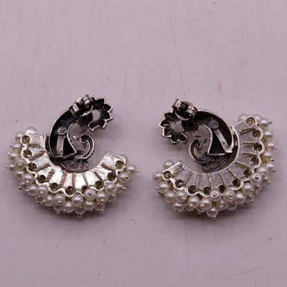 925 sterling silver handmade vintage antique design peacock stud earring fabulous hanging pearl and turquoise stone earring jewelry s704 - TRIBAL ORNAMENTS