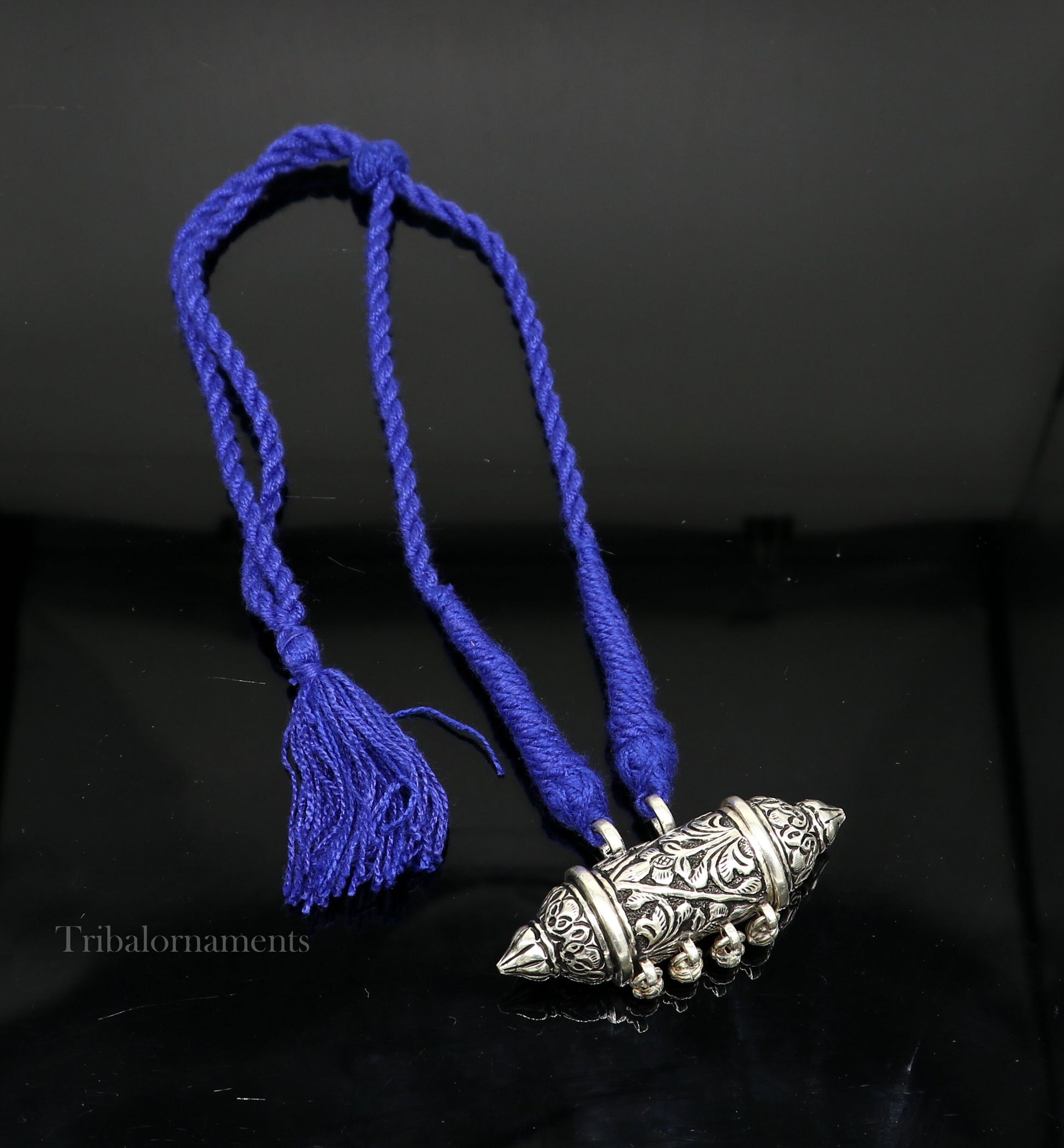 Sterling silver vintage tribal pendant with hanging bells, handcrafted Rajasthan jewelry, featuring antique design and intricate details