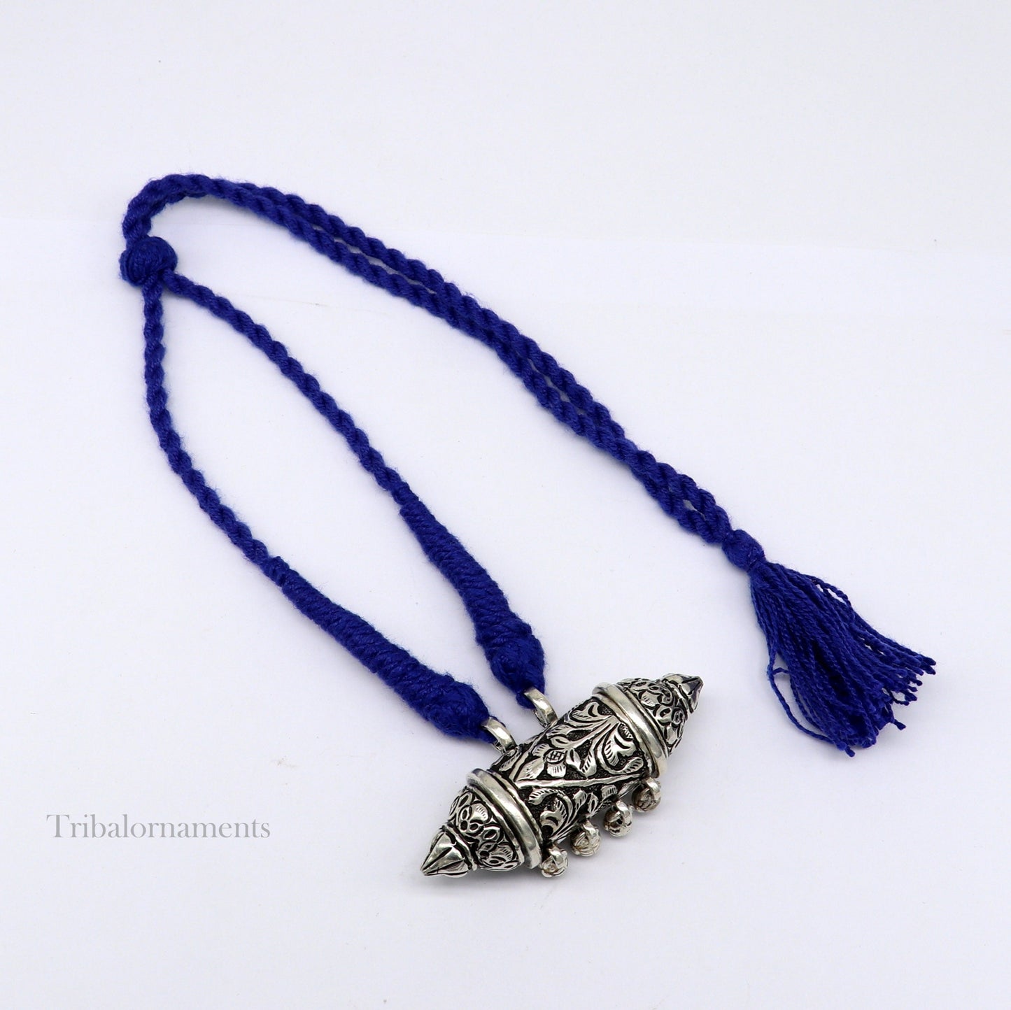 925 sterling silver vintage tribal pendant with hanging bells, handcrafted Rajasthan jewelry, featuring antique design and intricate details.
