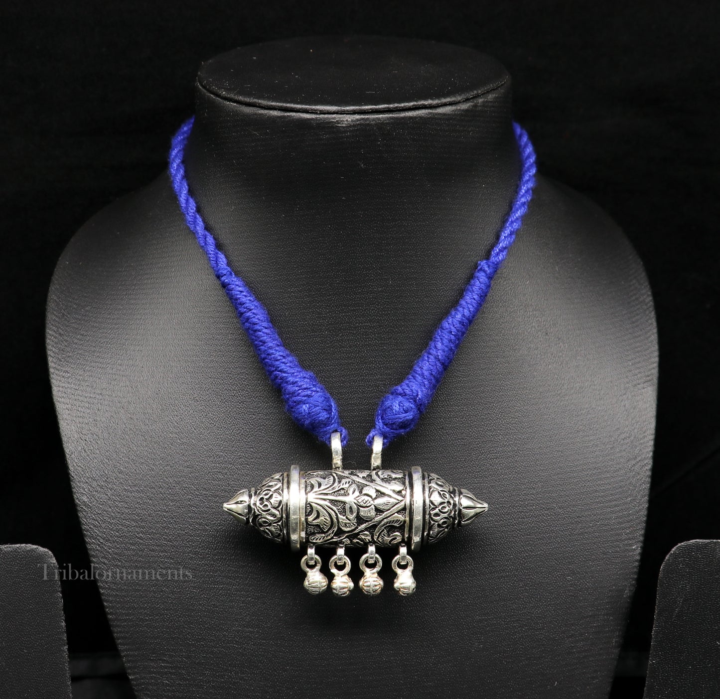 925 Sterling silver handmade vintage tribal pendant with hanging bells, intricate antique design, Rajasthan tribal jewelry from TRIBAL ORNAMENTS.