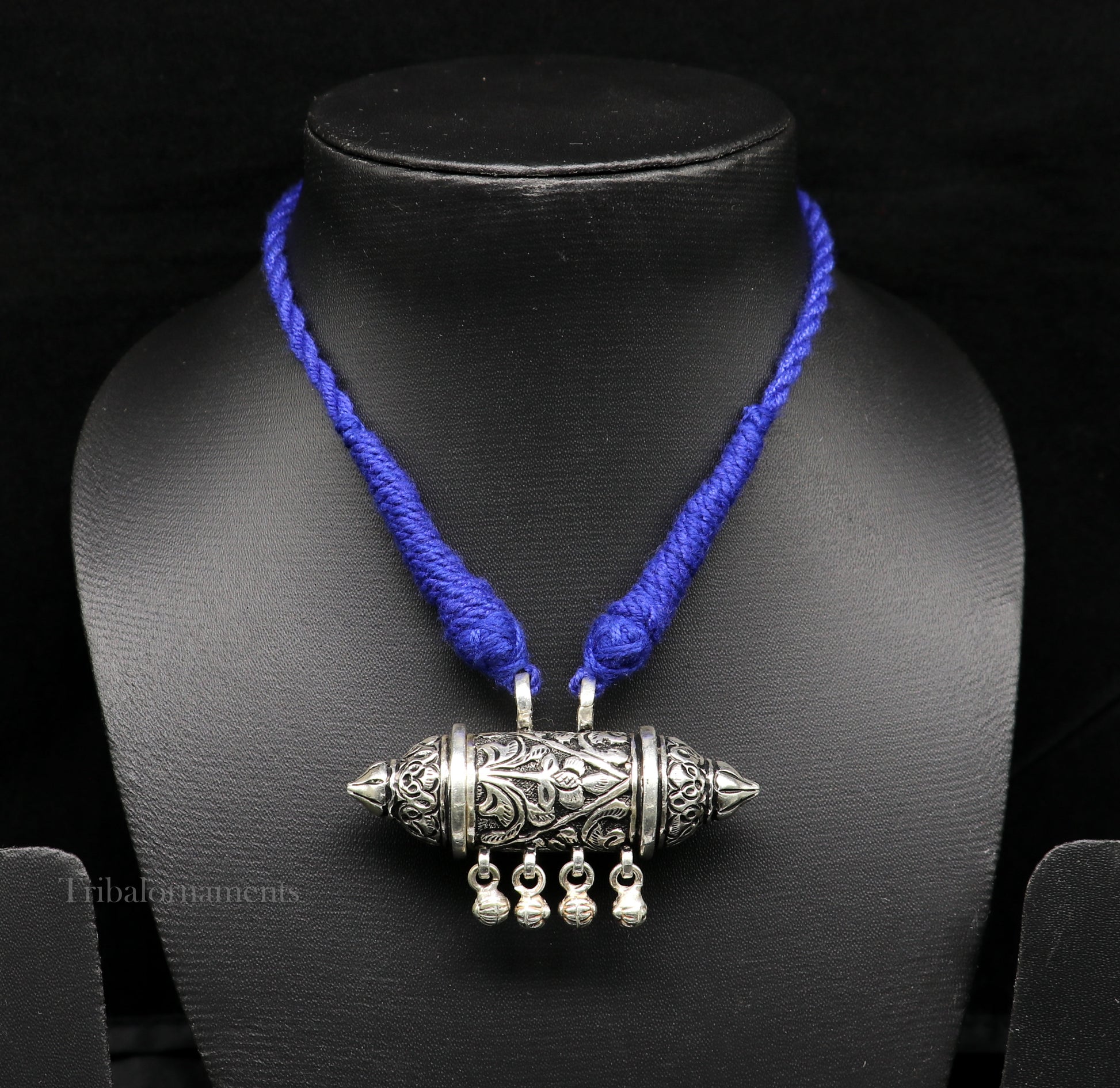 925 Sterling silver handmade vintage tribal pendant with hanging bells, intricate antique design, Rajasthan tribal jewelry from TRIBAL ORNAMENTS.