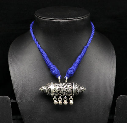 925 Sterling silver handmade vintage tribal pendant with hanging bells, intricate antique design, Rajasthan tribal jewelry from TRIBAL ORNAMENTS.