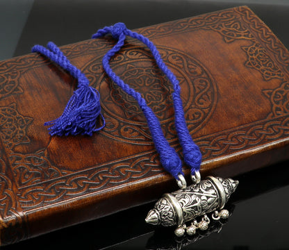 925 Sterling silver vintage tribal pendant with hanging bells, handmade Rajasthan jewelry, intricate antique design, tribal ornament.