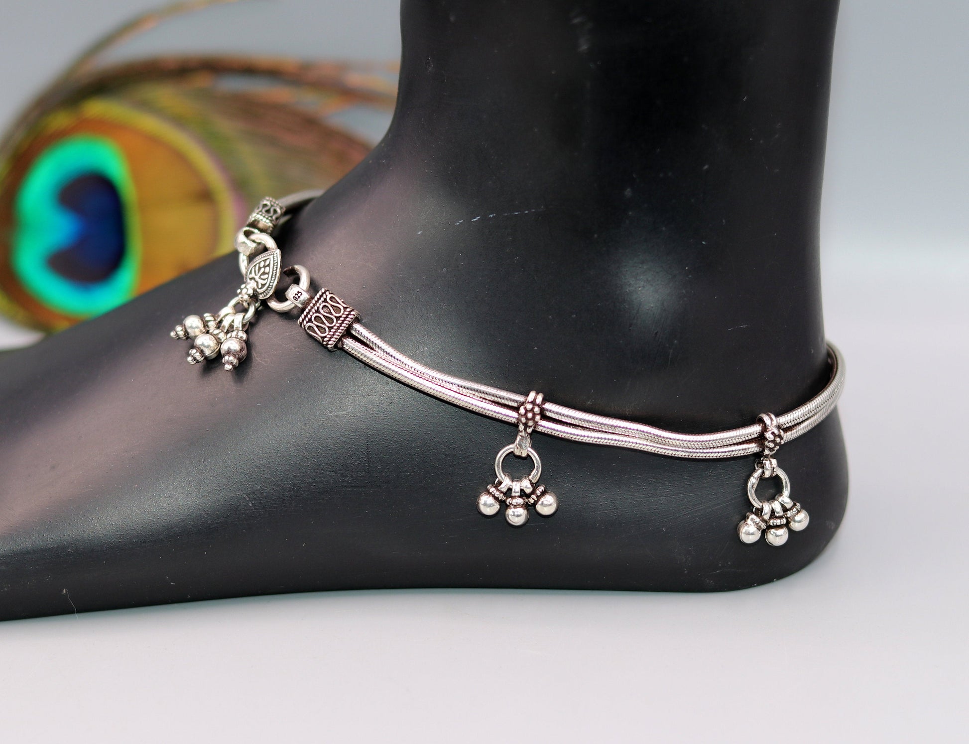925 Sterling silver handmade vintage antique design stylish anklet foot bracelet with hanging bells tribal belly dance jewelry ank28 - TRIBAL ORNAMENTS