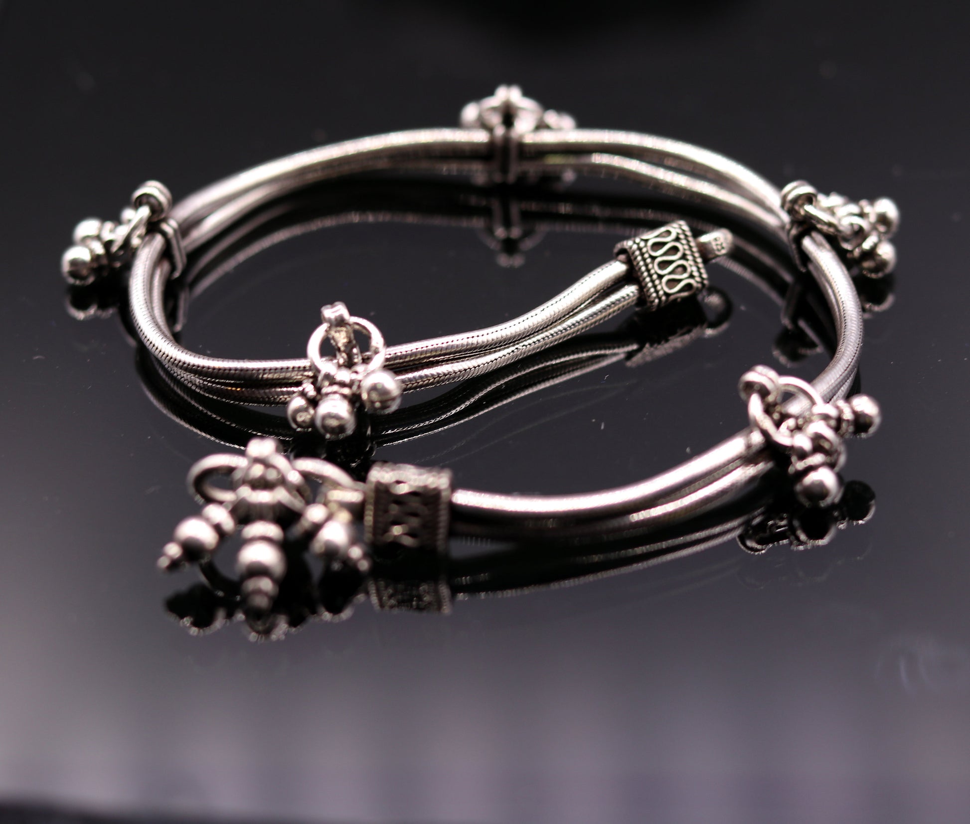 925 Sterling silver handmade vintage antique design stylish anklet foot bracelet with hanging bells tribal belly dance jewelry ank28 - TRIBAL ORNAMENTS