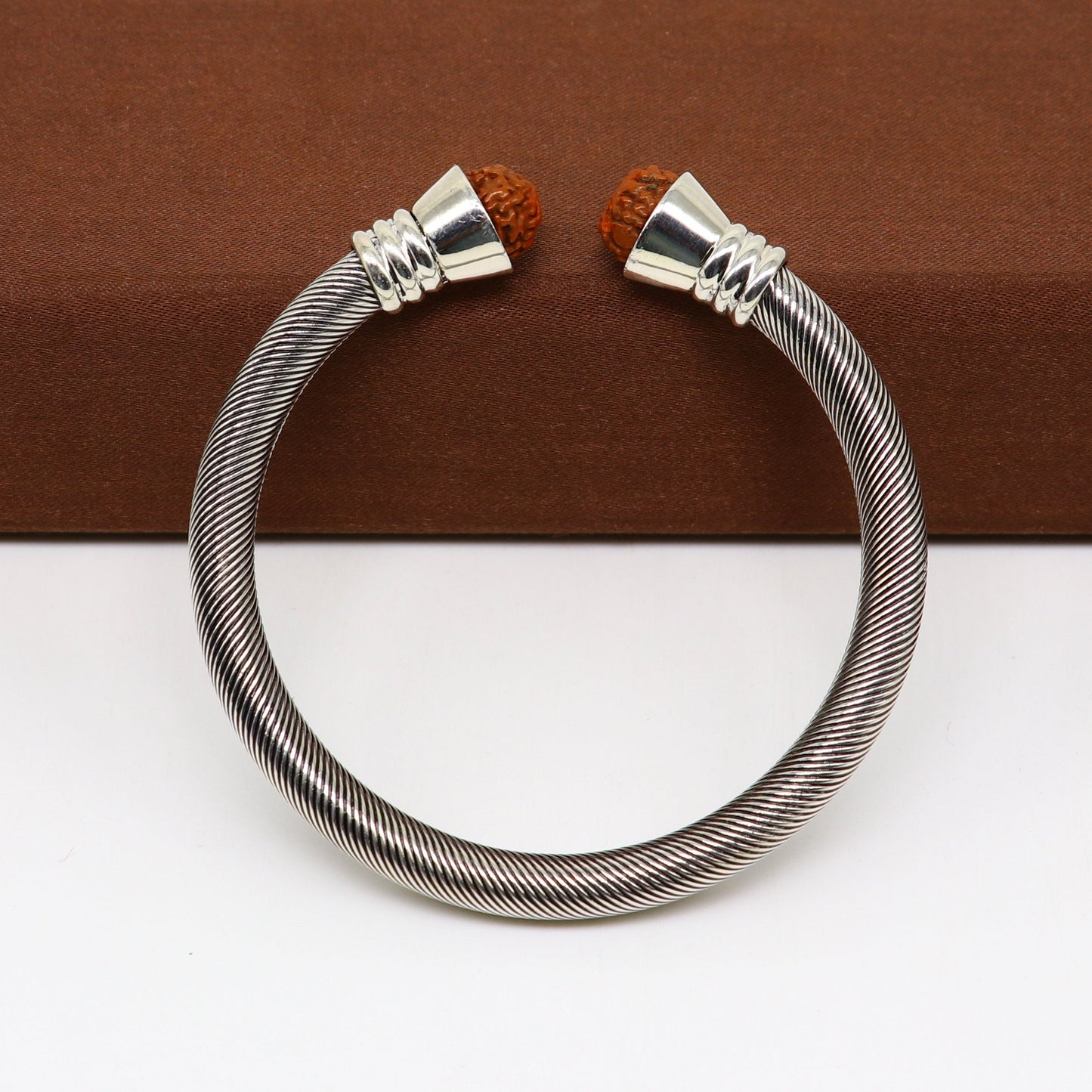 Sterling silver rudraksha beads custom bangle cuff bracelet, adjustable unisex jewelry by Tribal Ornaments.