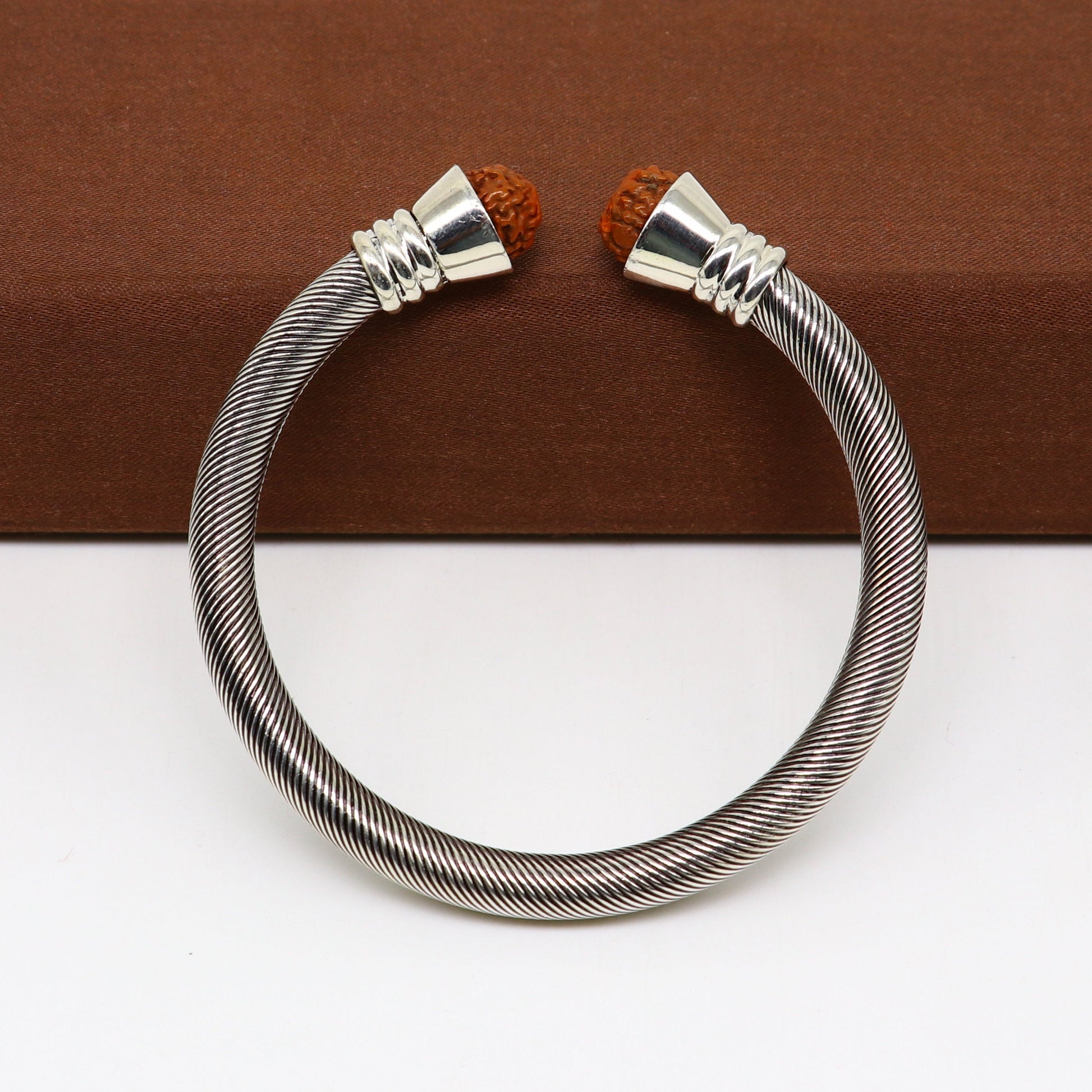 Sterling silver rudraksha beads custom bangle cuff bracelet, adjustable unisex jewelry by Tribal Ornaments.
