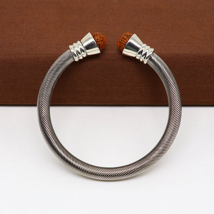 Sterling silver rudraksha beads custom bangle cuff bracelet, adjustable unisex jewelry by Tribal Ornaments.