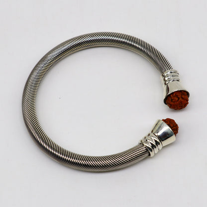Sterling silver Rudraksha beads customized bangle cuff bracelet from TRIBAL ORNAMENTS, adjustable unisex jewelry with vintage style.