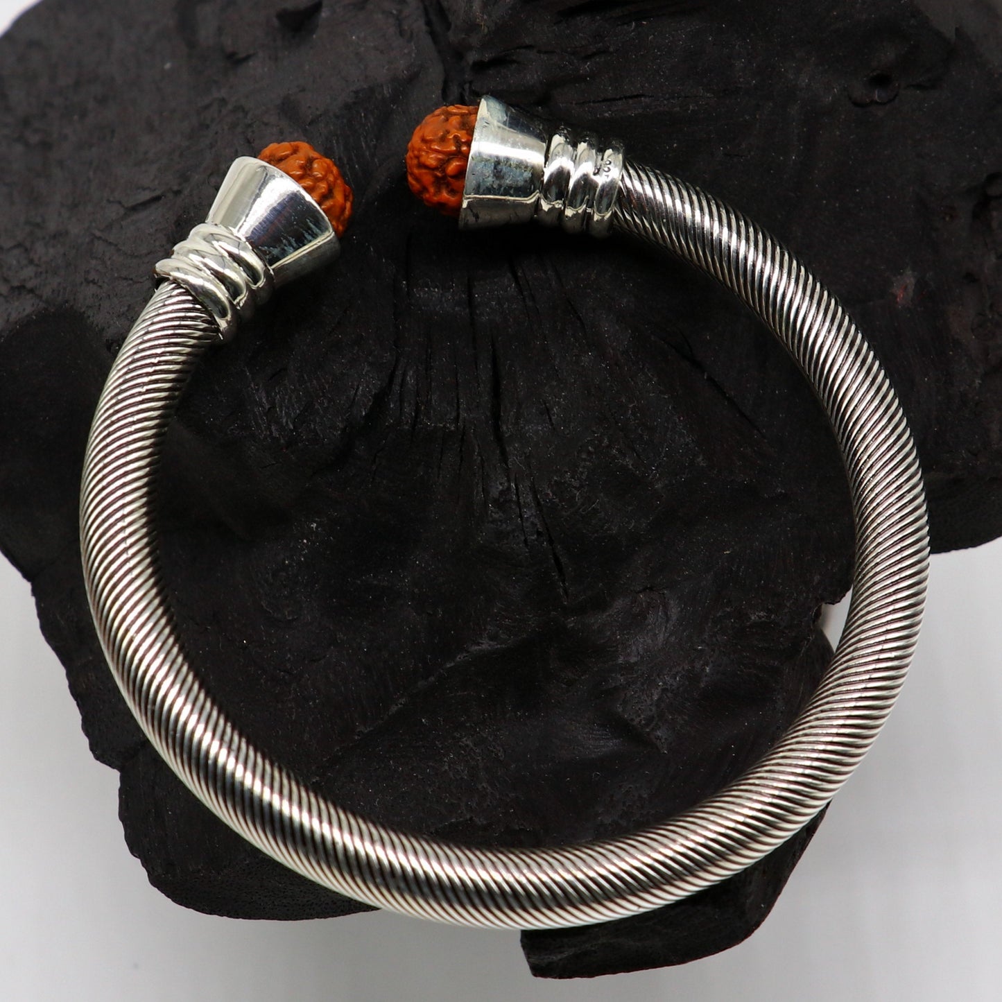 Sterling silver rudraksha beads unisex adjustable bangle cuff bracelet by Tribal Ornaments, featuring vintage handmade jewelry design.