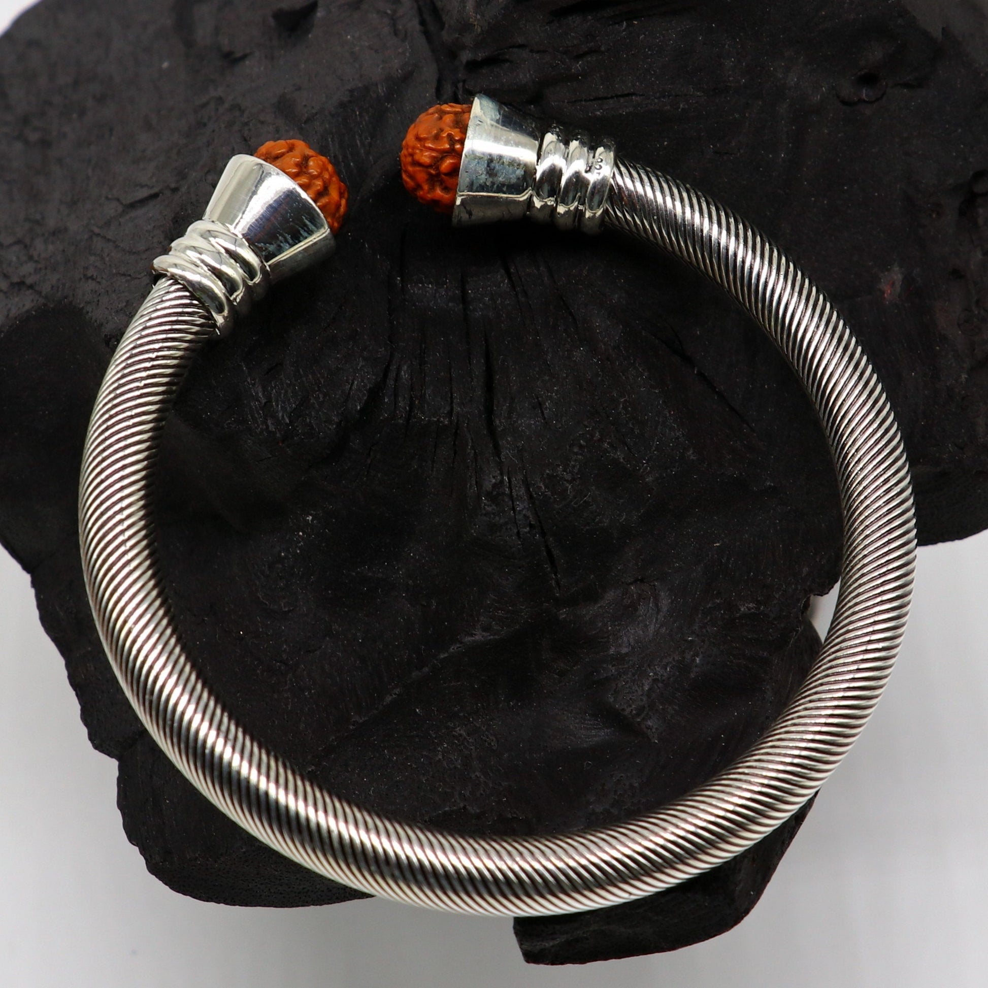 Sterling silver rudraksha beads unisex adjustable bangle cuff bracelet by Tribal Ornaments, featuring vintage handmade jewelry design.