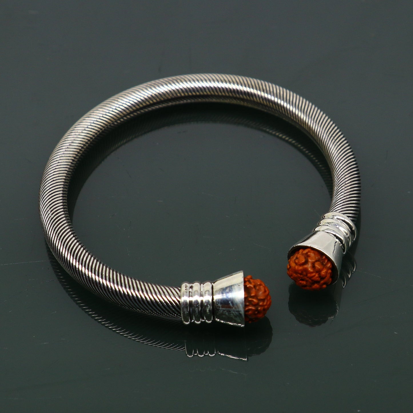 Sterling silver rudraksha beads custom bangle cuff bracelet by Tribal Ornaments, adjustable unisex jewelry, vintage style, handmade design