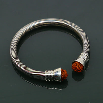 Sterling silver rudraksha beads custom bangle cuff bracelet by Tribal Ornaments, adjustable unisex jewelry, vintage style, handmade design