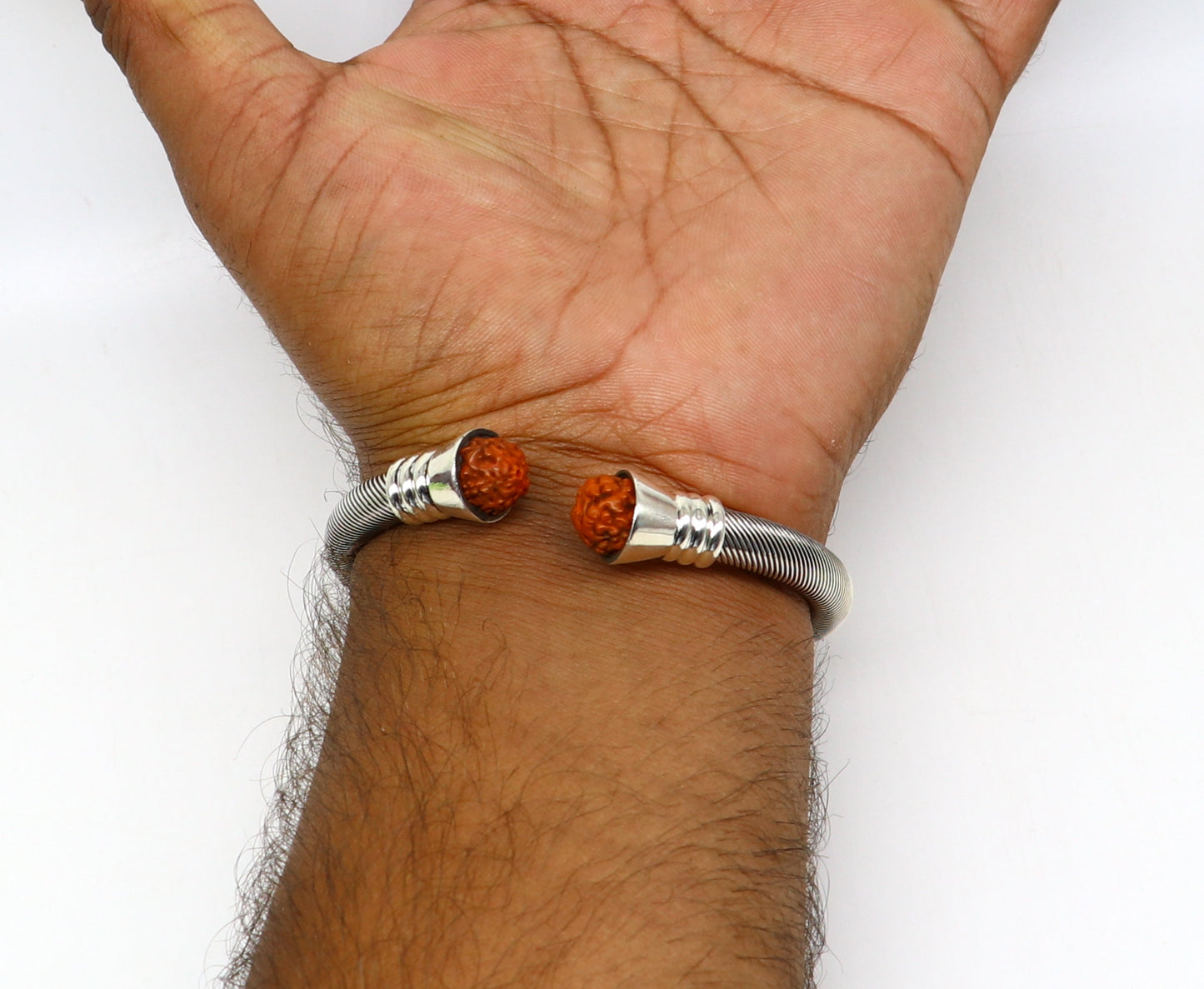 Sterling silver Rudraksha beads custom bangle cuff, adjustable unisex jewelry with vintage handmade design by Tribal Ornaments.