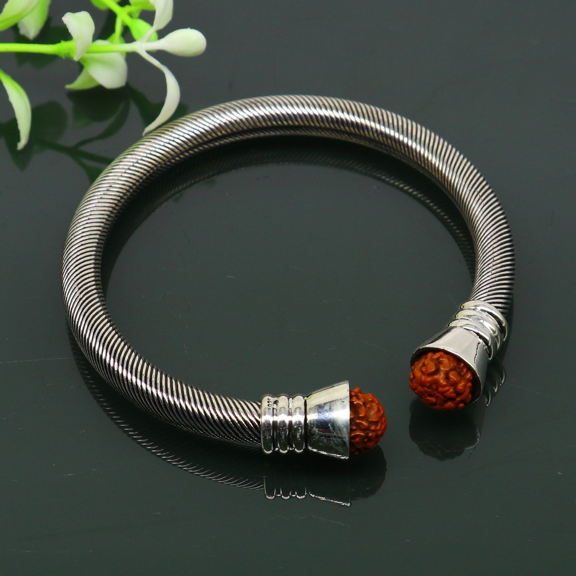 Sterling silver Rudraksha beads customized unisex bangle cuff bracelet, adjustable twisting design, handmade vintage tribal jewelry.