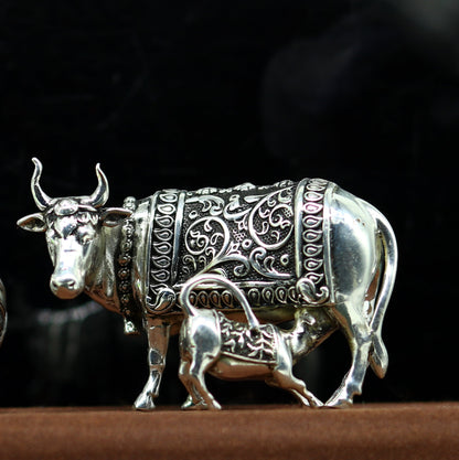 925 Sterling silver handmade vintage antique unique design Kamdhenu cow with calf, Diwali puja silver article best corporate gifting  art230 - TRIBAL ORNAMENTS