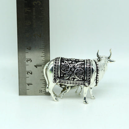 925 Sterling silver handmade vintage antique unique design Kamdhenu cow with calf, Diwali puja silver article best corporate gifting  art230 - TRIBAL ORNAMENTS