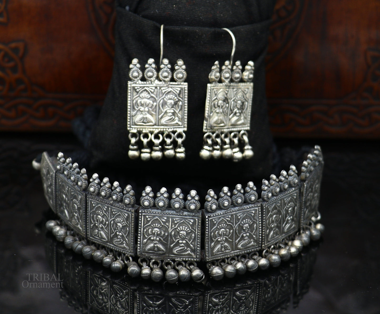 Sterling silver handmade vintage deity design necklace set by TRIBAL ORNAMENTS, featuring a luxurious customized bridal belly dance Guttapusalu style.
